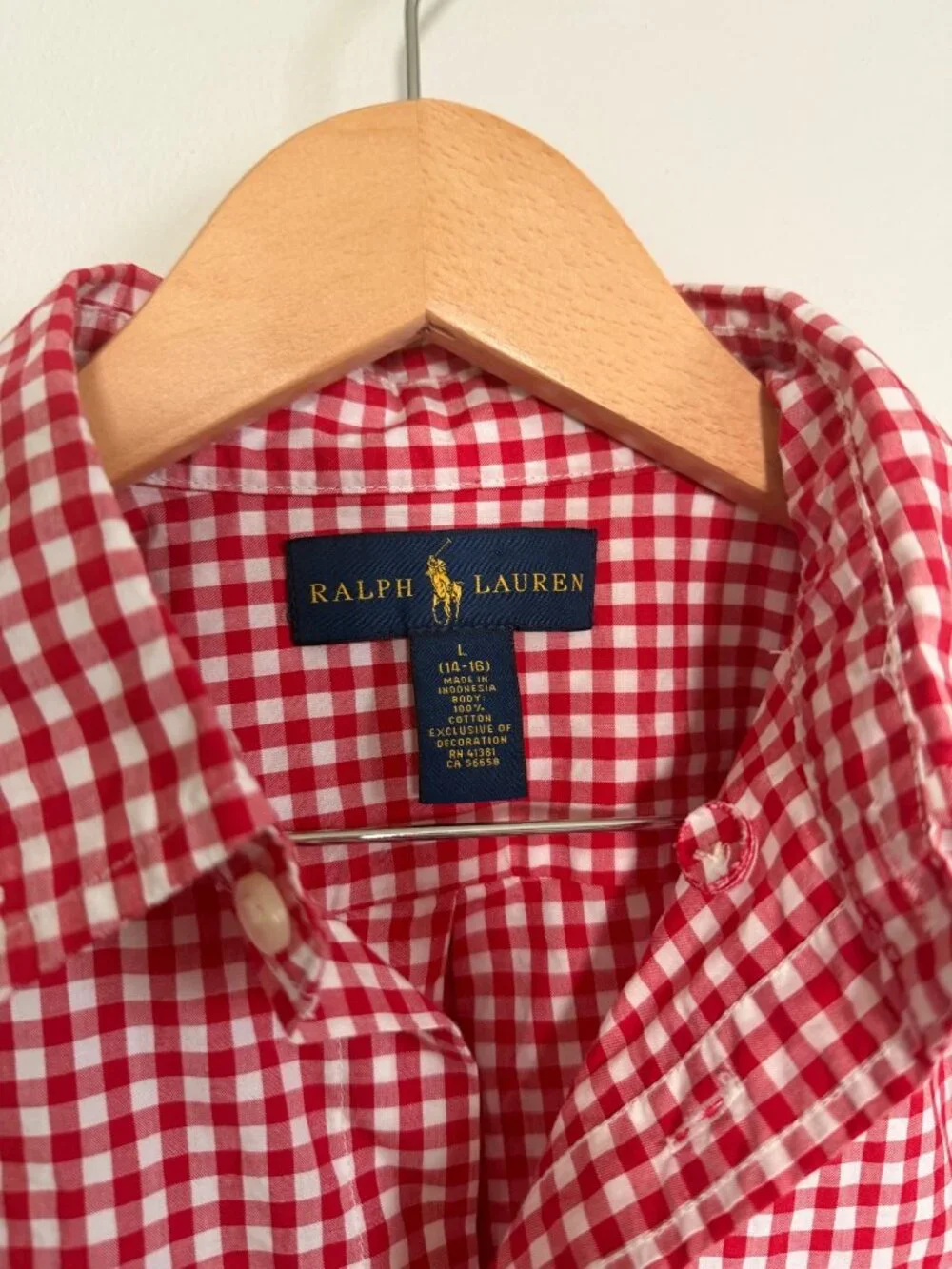 Ralph Lauren Boys Red White Gingham Button Down Shirt Large 14/16 Like New